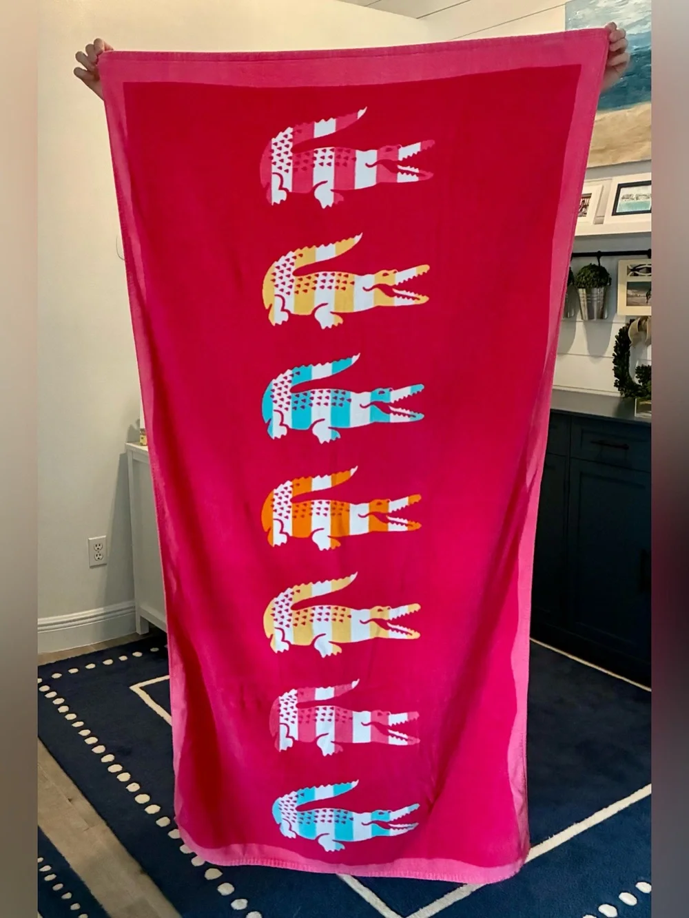 3 Lacoste XL Beach Towels - 1 red/navy, 1 blue/aqua, 1 pink - EUC